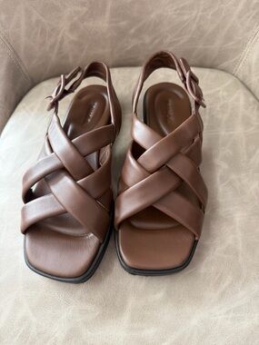 Vince Rexx Brown Leather Braided Slingback Sandals